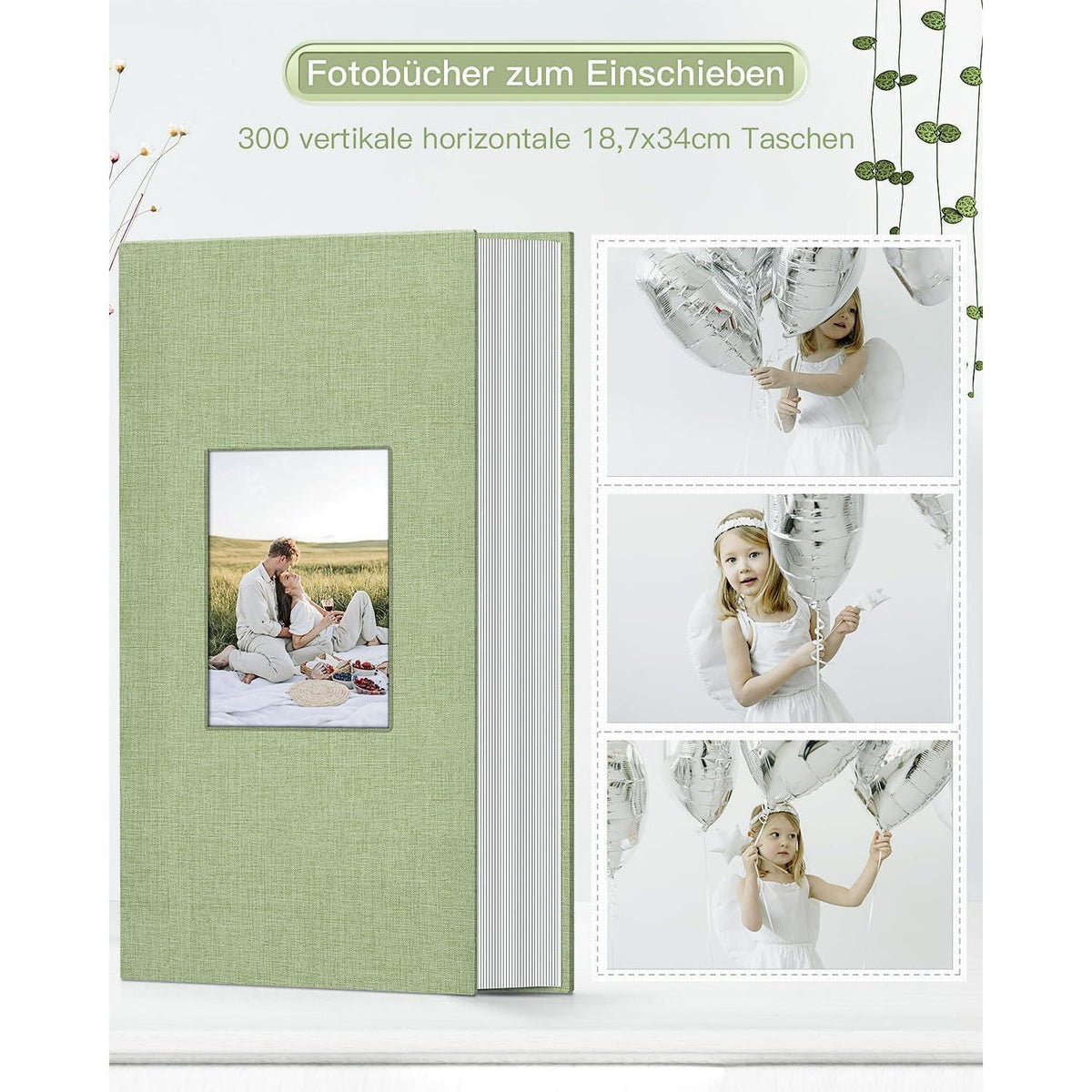 Fotoalbum 10x15 cm, 300 Fotos, Leineneinband, Grasgrün