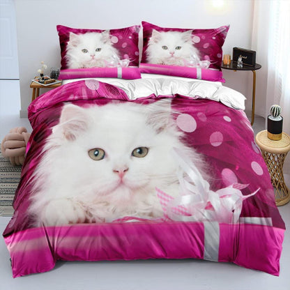 Chinchilla Bettwäsche 135x200 Katzenmotiv 4tlg. Weiß Rosa Mikrofaser