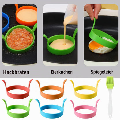 6x Spiegeleiform Silikon - Eierringe mit Griff & Ölflaschenbürste