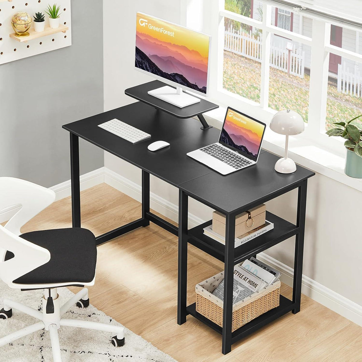 GreenForest Schreibtisch 120cm mit Monitorständer und Stauraum Schwarz