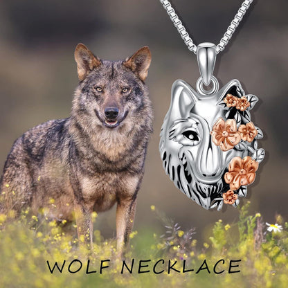 Wolf Halskette Sterling Silber Wolfskopf Blume Anhänger Geschenk