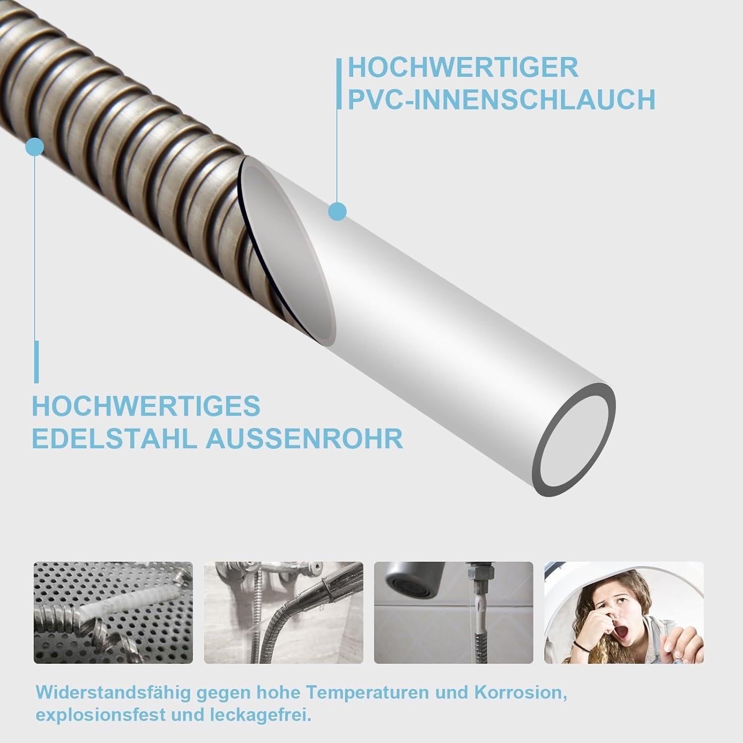 Duschschlauch Edelstahl Hochdruck Brauseschlauch 1,5m Gebürsteter Nickel