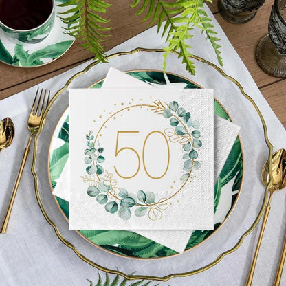 Servietten 50. Geburtstag Eukalyptus Gold Grün 40 Stück