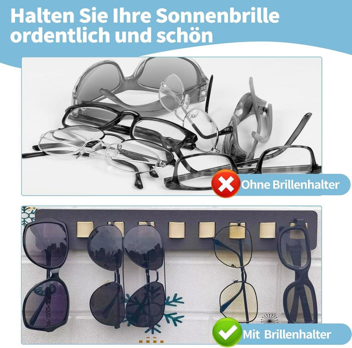 Brillen-Organizer Wandmontage Holz Sonnenbrillen Display Grau