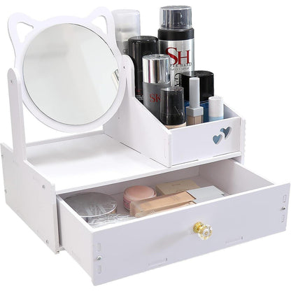 Schminktisch Organizer mit Rundem Spiegel Weiß Kosmetik Organizer PVC