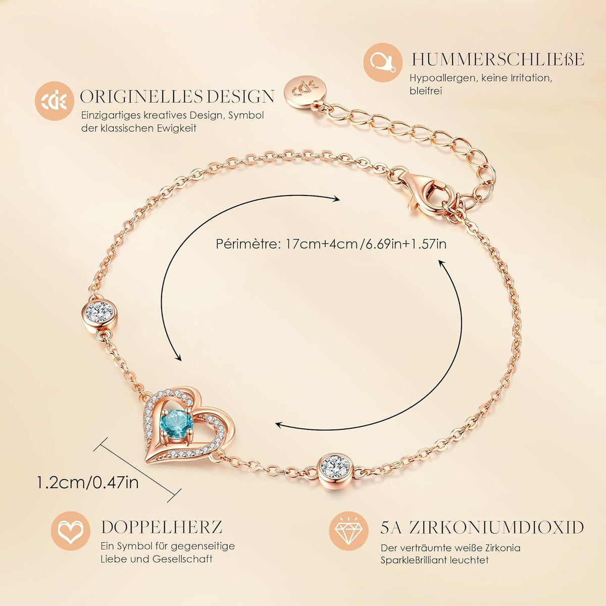 Herz Armband Damen 925 Sterling Silber Rosegold Geburtsstein Schmuck