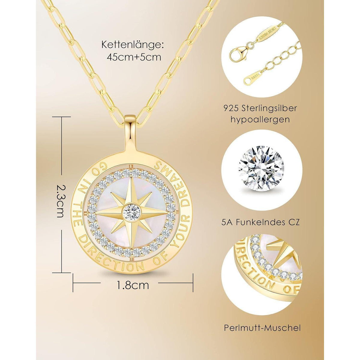 Silber 925 Kompass Halskette Damen mit Zirkonia & Geschenkbox