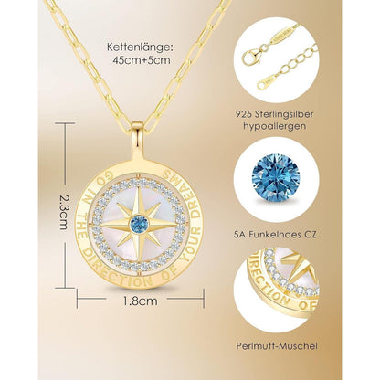 Silber 925 Kompass Halskette Damen mit Zirkonia & Geschenkbox