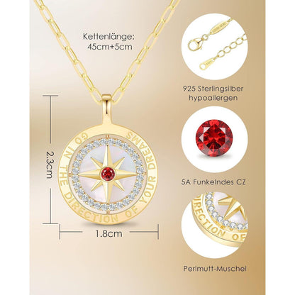 Silber 925 Kompass Halskette Damen mit Zirkonia & Geschenkbox