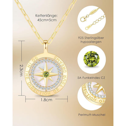 Silber 925 Kompass Halskette Damen mit Zirkonia & Geschenkbox