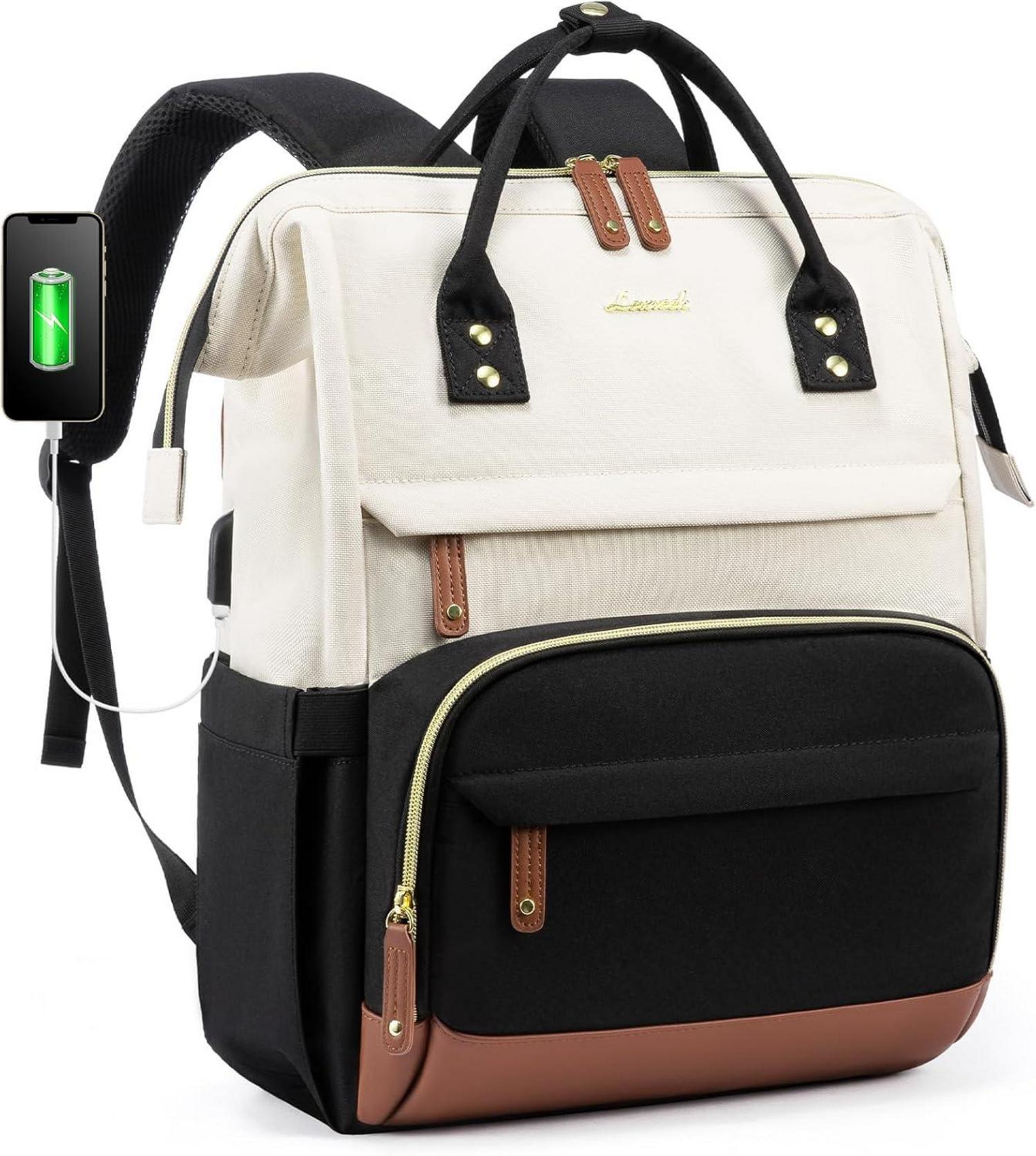 Laptop Rucksack Damen 15.6 Zoll Schulrucksack Schwarz Beige