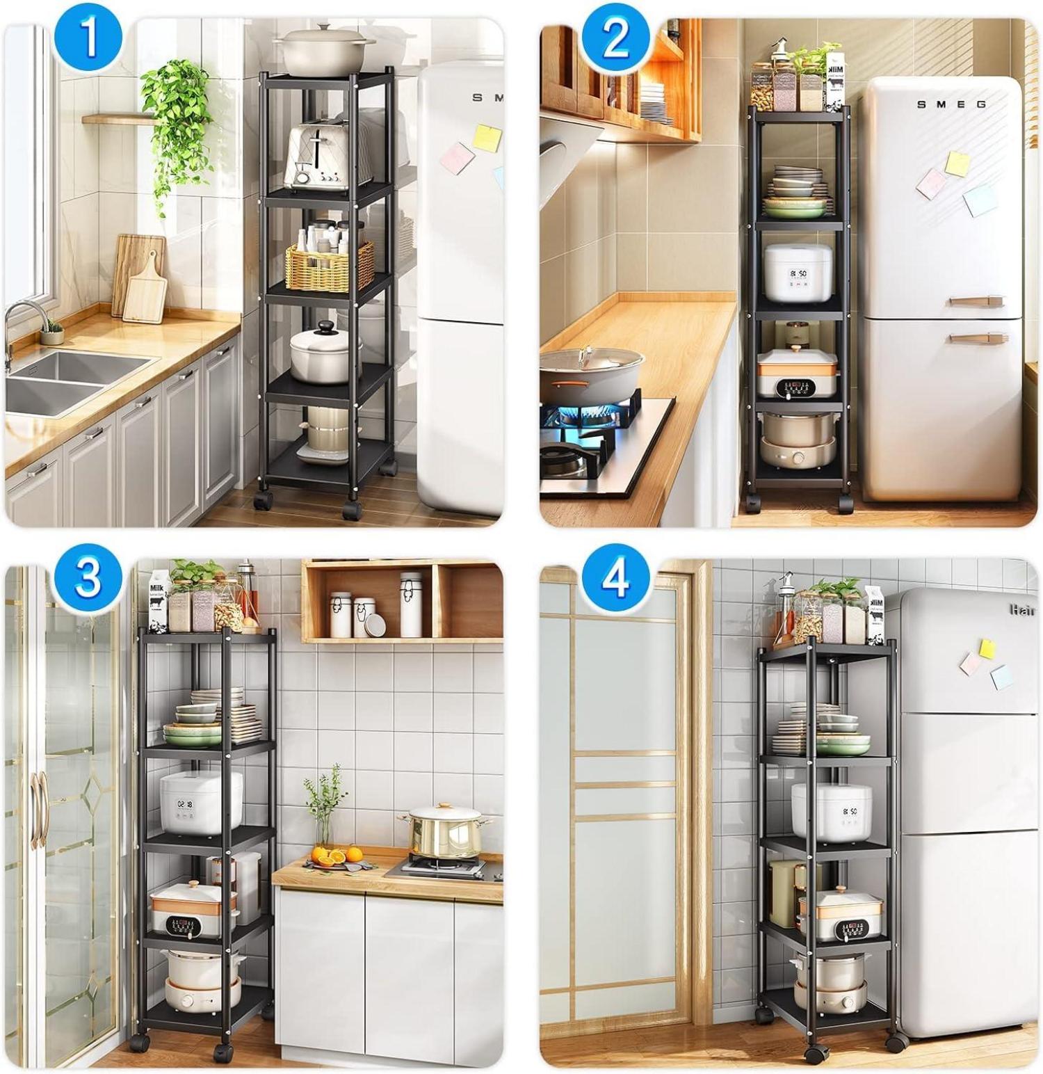 Standregal 5 Etagen Robustes Metallregal Schmal Schwarz mit Rollen