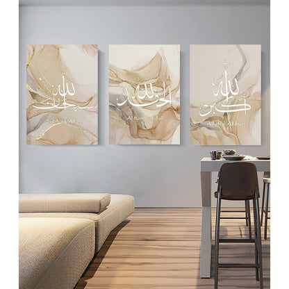 Islamische Kalligraphie Leinwandbilder Marmoroptik Gold 3er Set 60x90cm