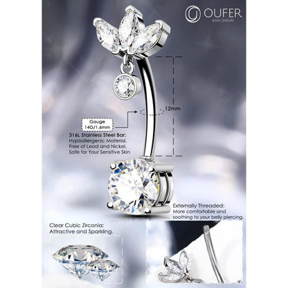 Chirurgenstahl Bauchnabelpiercing 14G mit CZ, 12mm Länge
