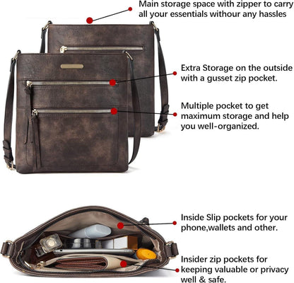 Damen Umhängetasche Mittel PU Leder Crossbody Schultertasche Kaffee