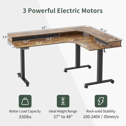 FEZIBO Elektrischer Schreibtisch Höhenverstellbar 3 Motoren L-Form 160x120 cm Weiß/Braun