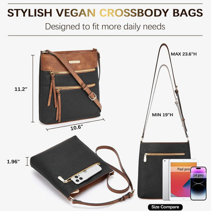 Damen Umhängetasche Mittelgroß Leder Crossbody Schwarz Braun