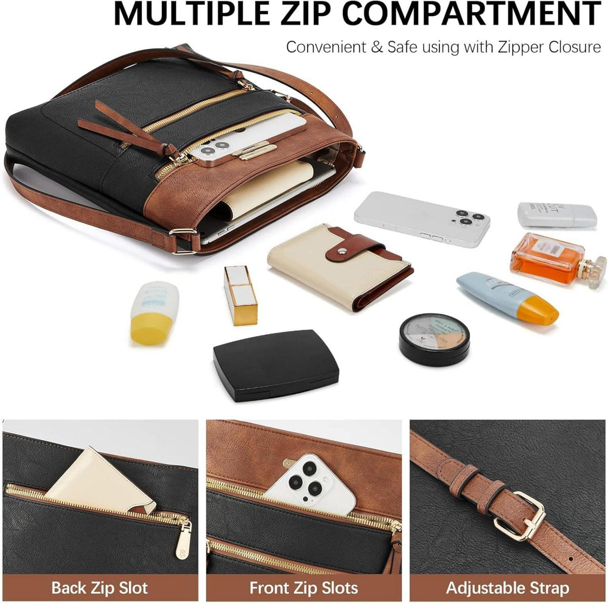 Damen Umhängetasche Mittelgroß Schwarz Braun Vegan Leder