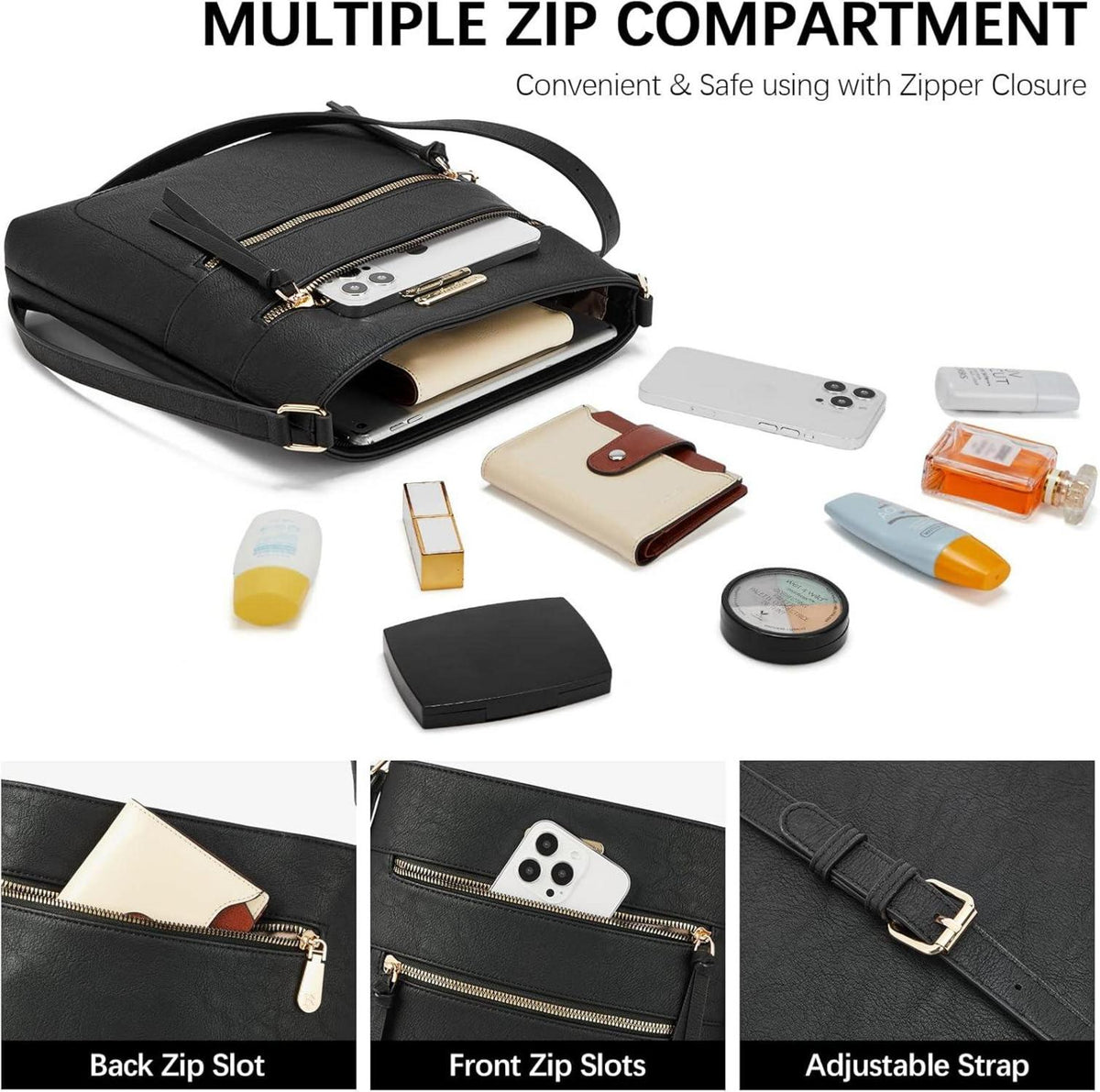 Damen Umhängetasche Mittelgroß Schwarz PU Leder Crossbody Handtasche
