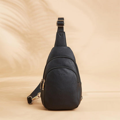 Telena Damen Crossbody Sport Umhängetasche Schwarz in Lederoptik
