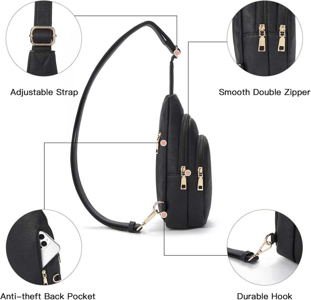 Telena Damen Crossbody Bag Brusttasche PU Leder Schwarz
