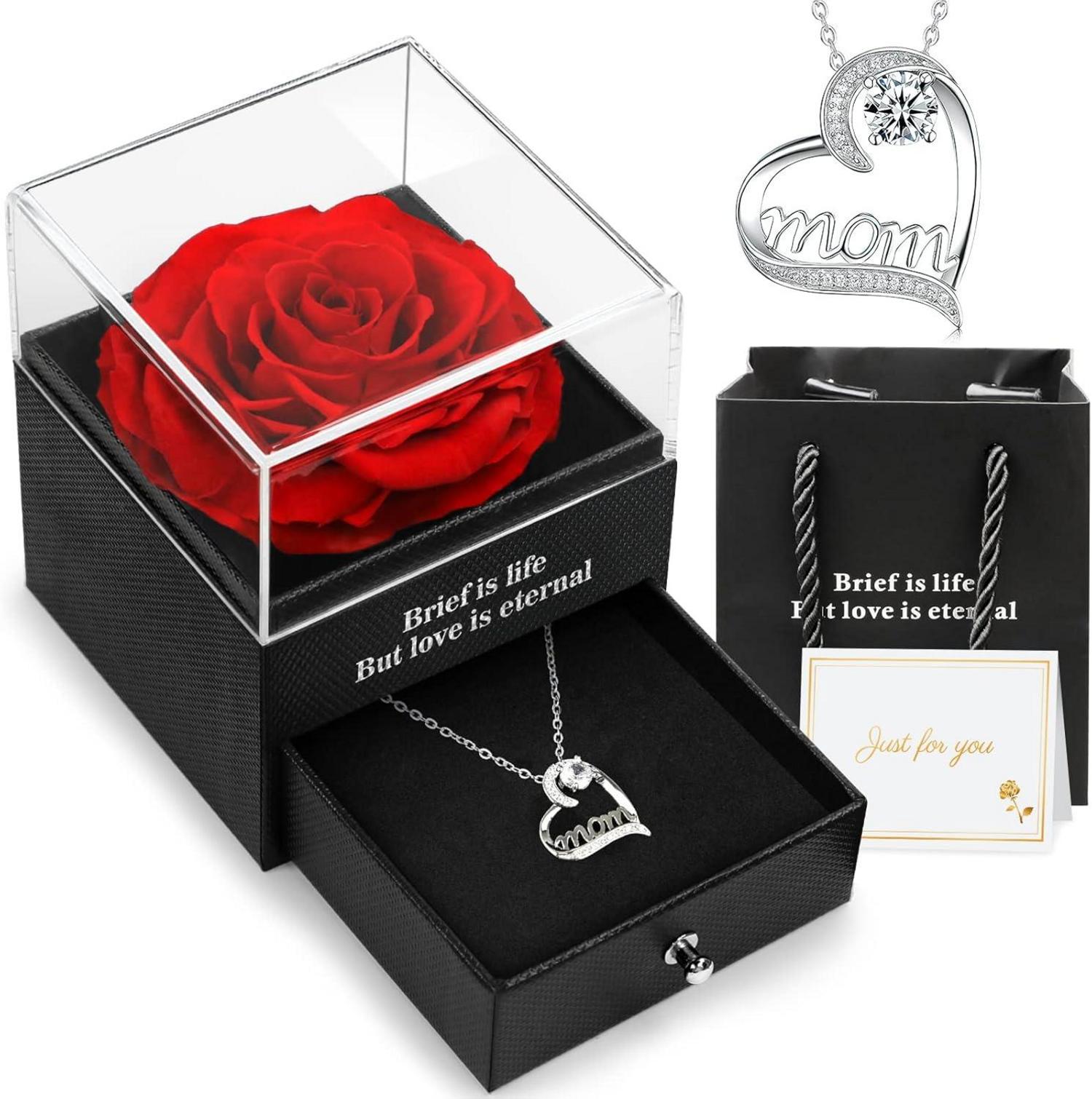 Ewige Rose Geschenkbox mit Mama Halskette, Rot