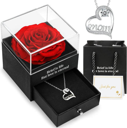 Ewige Rose Geschenkbox mit Mama Halskette, Rot