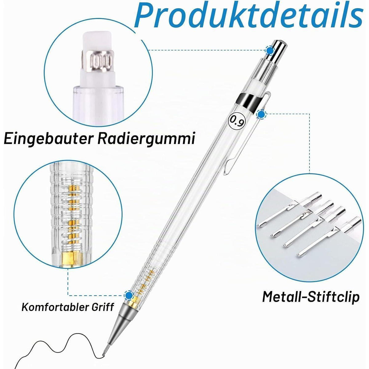Druckbleistift Set mit Minen & Radiergummi (0,3/0,5/0,7/0,9 mm)