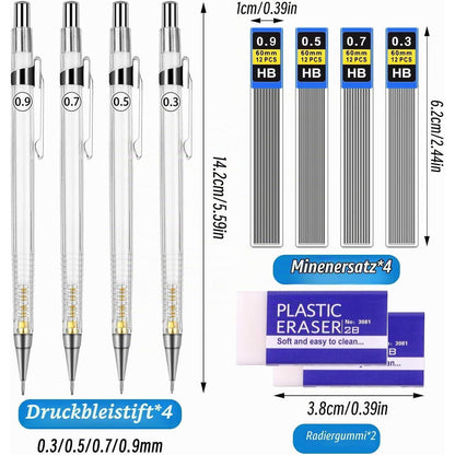Druckbleistift Set mit Minen & Radiergummi (0,3/0,5/0,7/0,9 mm)