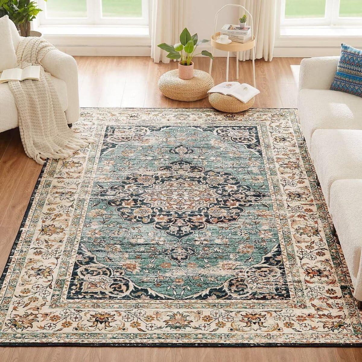 Vintage Kurzflor Teppich Blau 160x230cm - Waschbar & Rutschfest