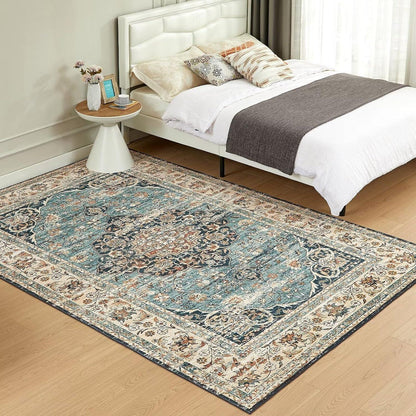 Vintage Kurzflor Teppich Blau 160x230cm - Waschbar & Rutschfest