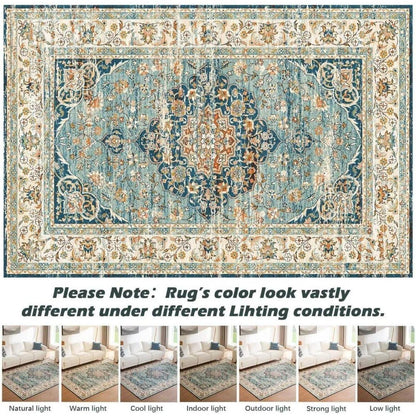 Vintage Kurzflor Teppich Blau 160x230cm - Waschbar & Rutschfest
