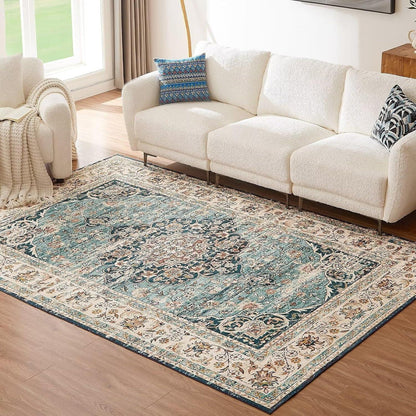 Vintage Kurzflor Teppich Blau 160x230cm - Waschbar & Rutschfest