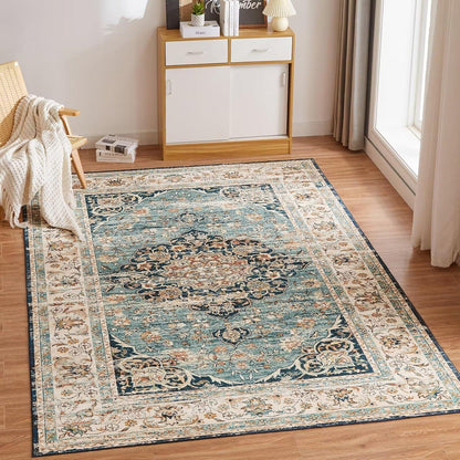 Vintage Kurzflor Teppich Blau 160x230cm - Waschbar & Rutschfest