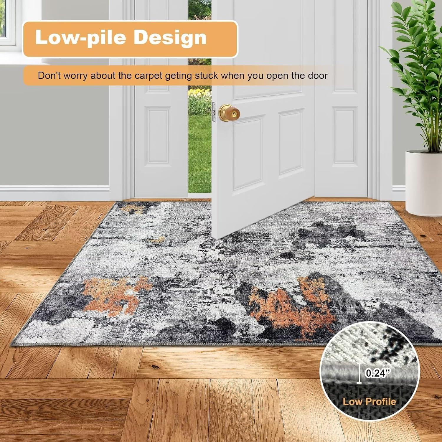Waschbarer Teppich Wohnzimmer Kurzflor Abstrakt Rutschfest Schwarz 60x110CM