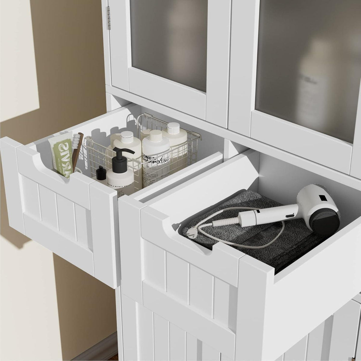 Hochschrank Badezimmerschrank mit Schubladen & Ablageflächen Weiß