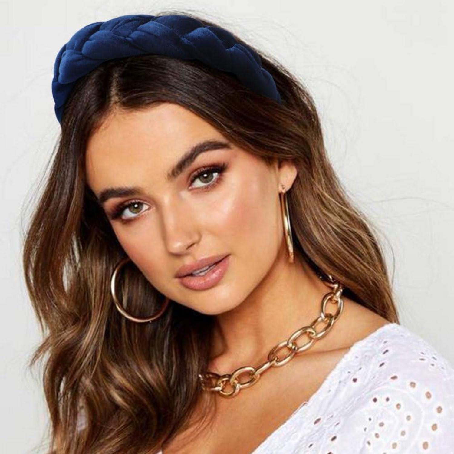 Geflochtenes Samt Stirnband Elastisch Criss Cross Haarband - Navy
