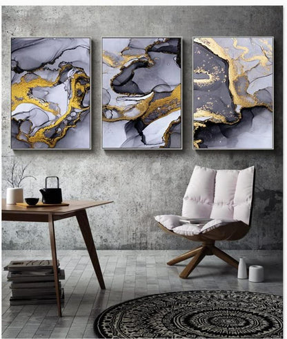 Abstrakte Wandbilder Wohnzimmer Leinwand Golden Marmor Textur 3er Set