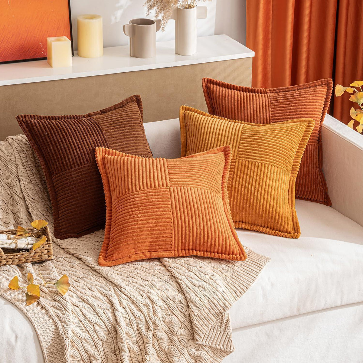 Kordsamt Kissenbezug 40x40cm Orange Patchwork 2er Set