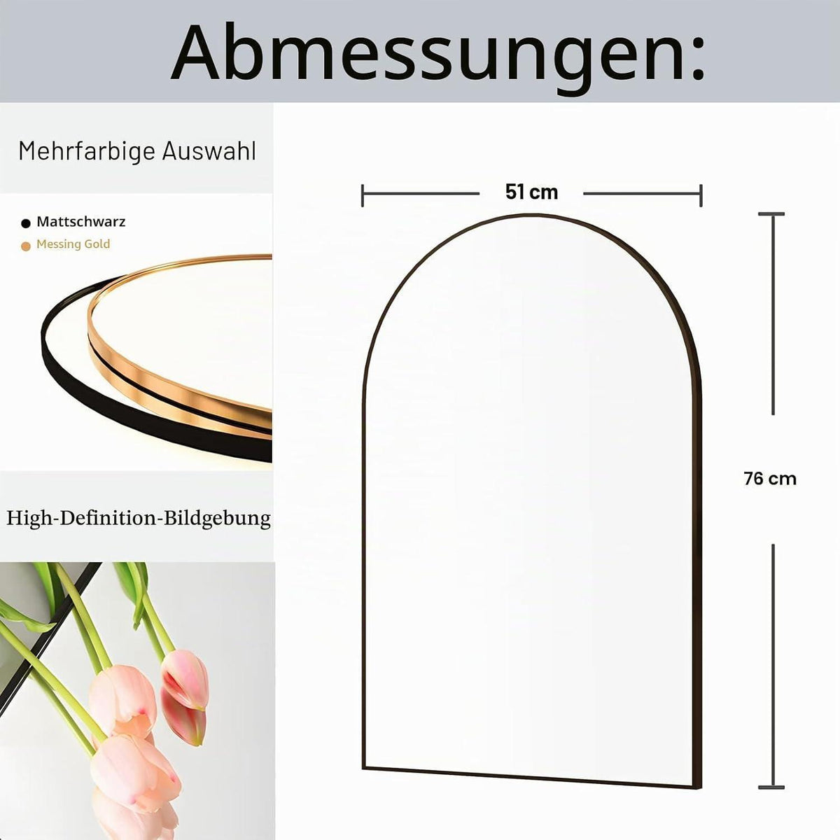 Gewölbter Wandspiegel Schwarz 50x75cm mit Metallrahmen