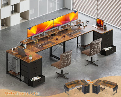 ODK L-Form Schreibtisch 140x80x84.7cm mit 4 Schubladen und Monitorablage - Braun