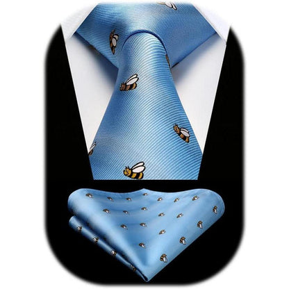 Herren Krawatten Set mit Einstecktuch, Biene Muster, Blau
