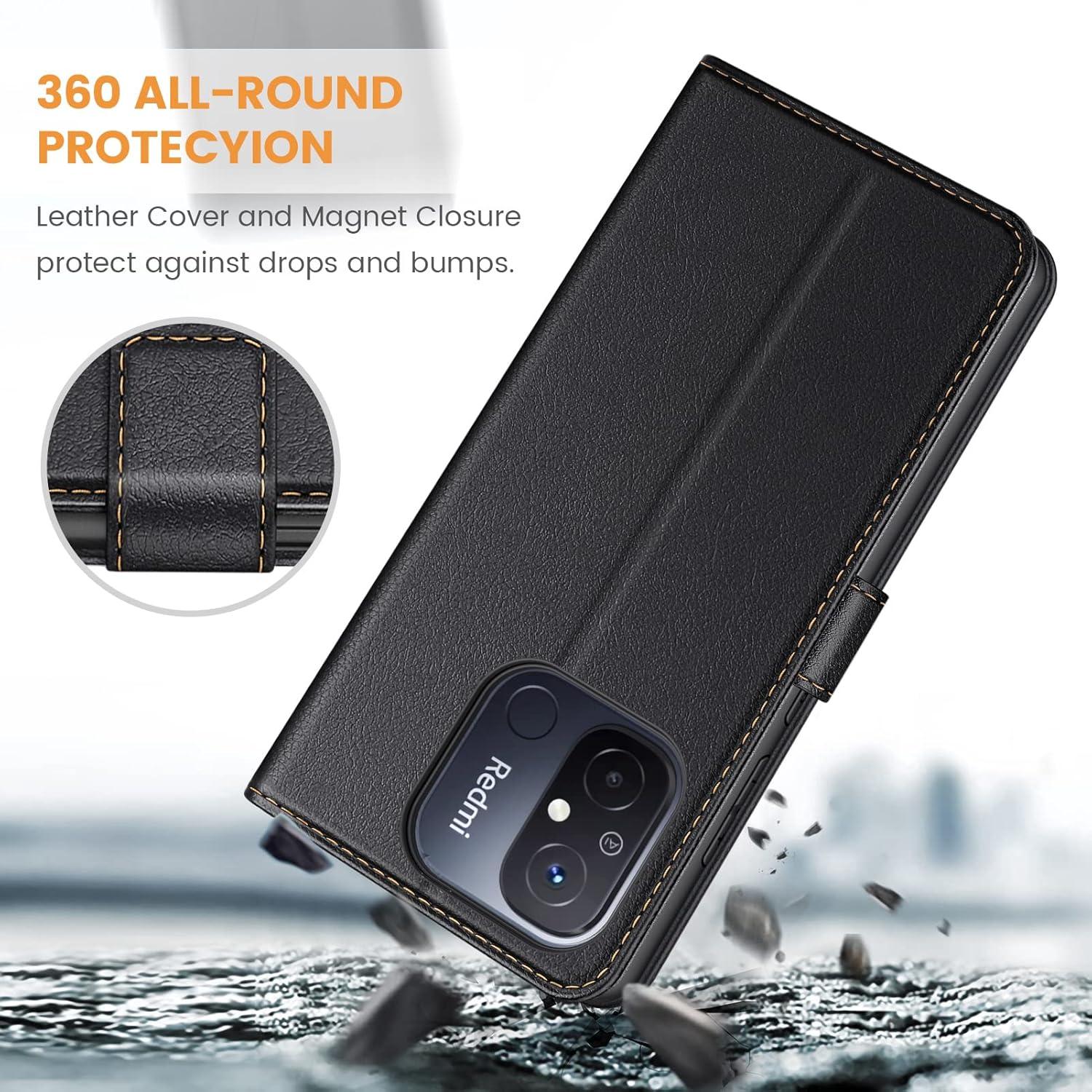Xiaomi Redmi 12C Leder Handyhülle Klapphülle Schwarz mit Kartenfächer