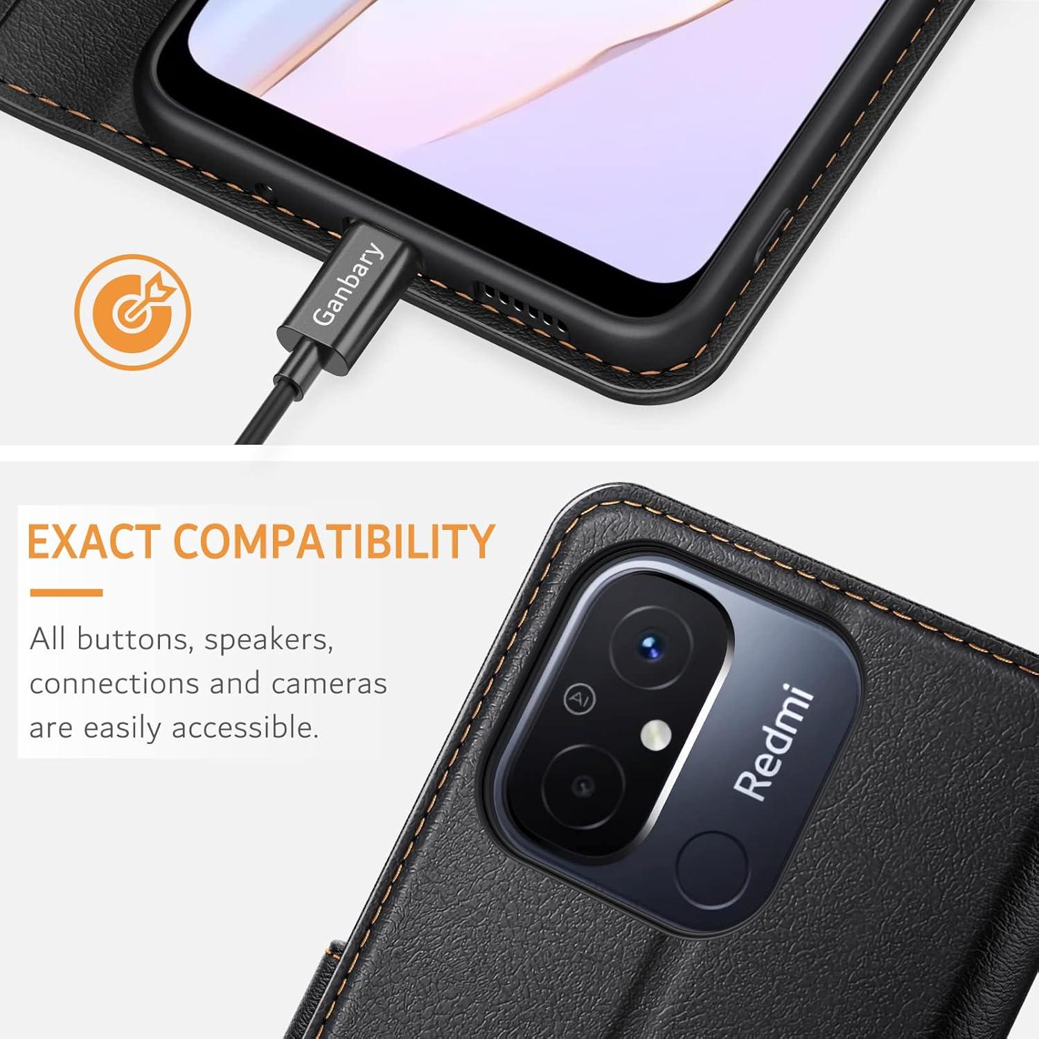Xiaomi Redmi 12C Leder Handyhülle Klapphülle Schwarz mit Kartenfächer