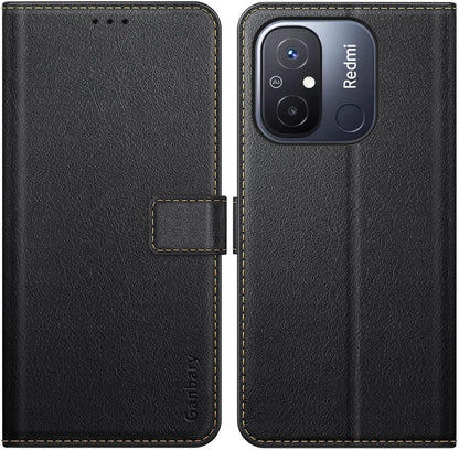 Xiaomi Redmi 12C Handyhülle Schwarz Leder Klapphülle mit Standfunktion