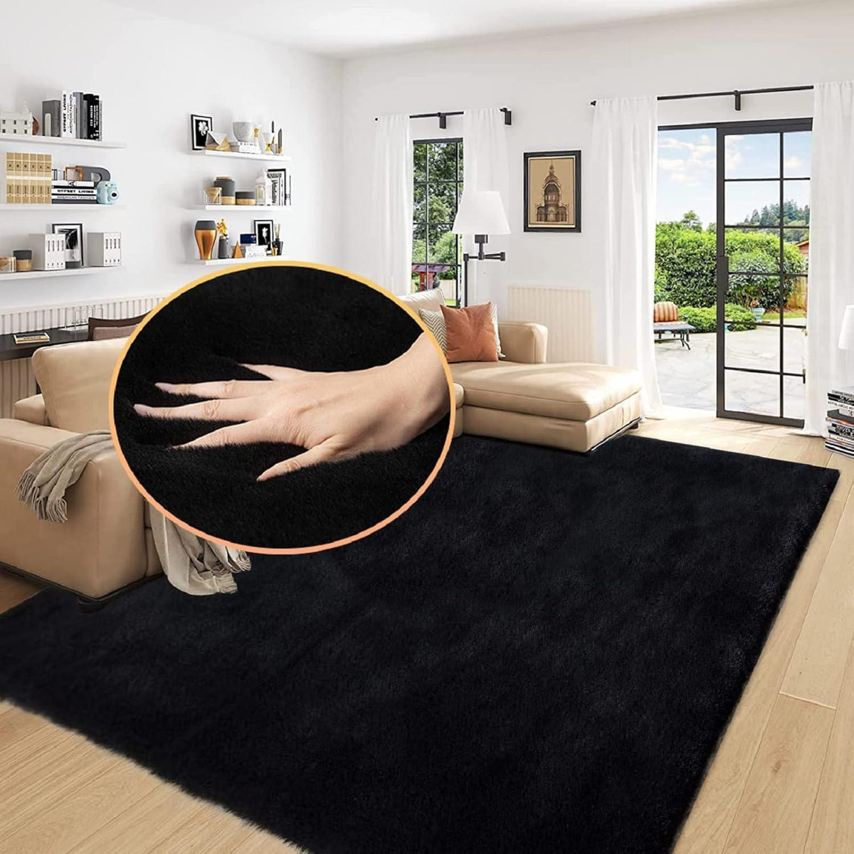 Flauschiger Kunstfell Teppich Schwarz 180x270 cm – Weicher Wohnteppich