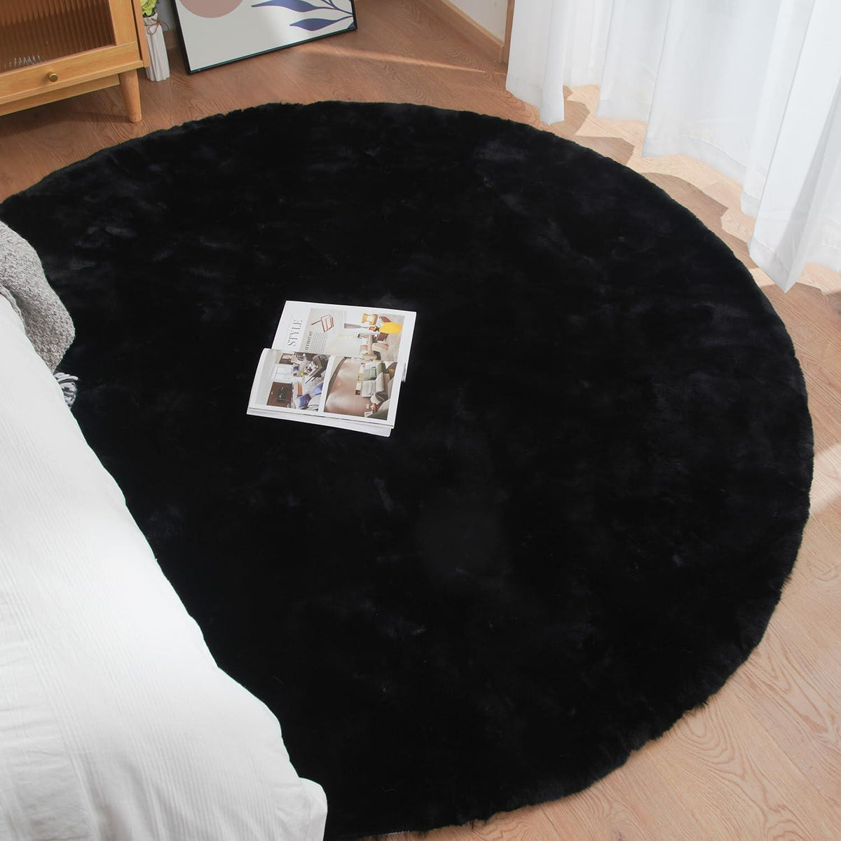 Runder Flausch Teppich 180 cm Schwarz – Waschbarer Kunstfell Teppich