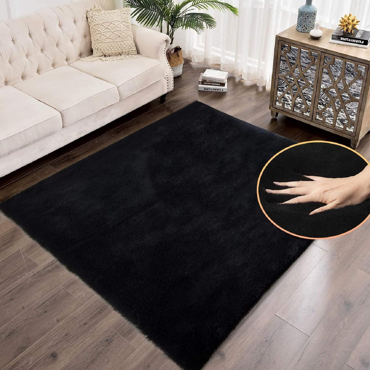 Flauschiger Fellteppich Schwarz 150x240 cm – Wohnzimmer Teppich