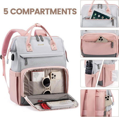 Großer Laptop Rucksack 17.3 Zoll Mädchen Wasserdicht Grau Rose