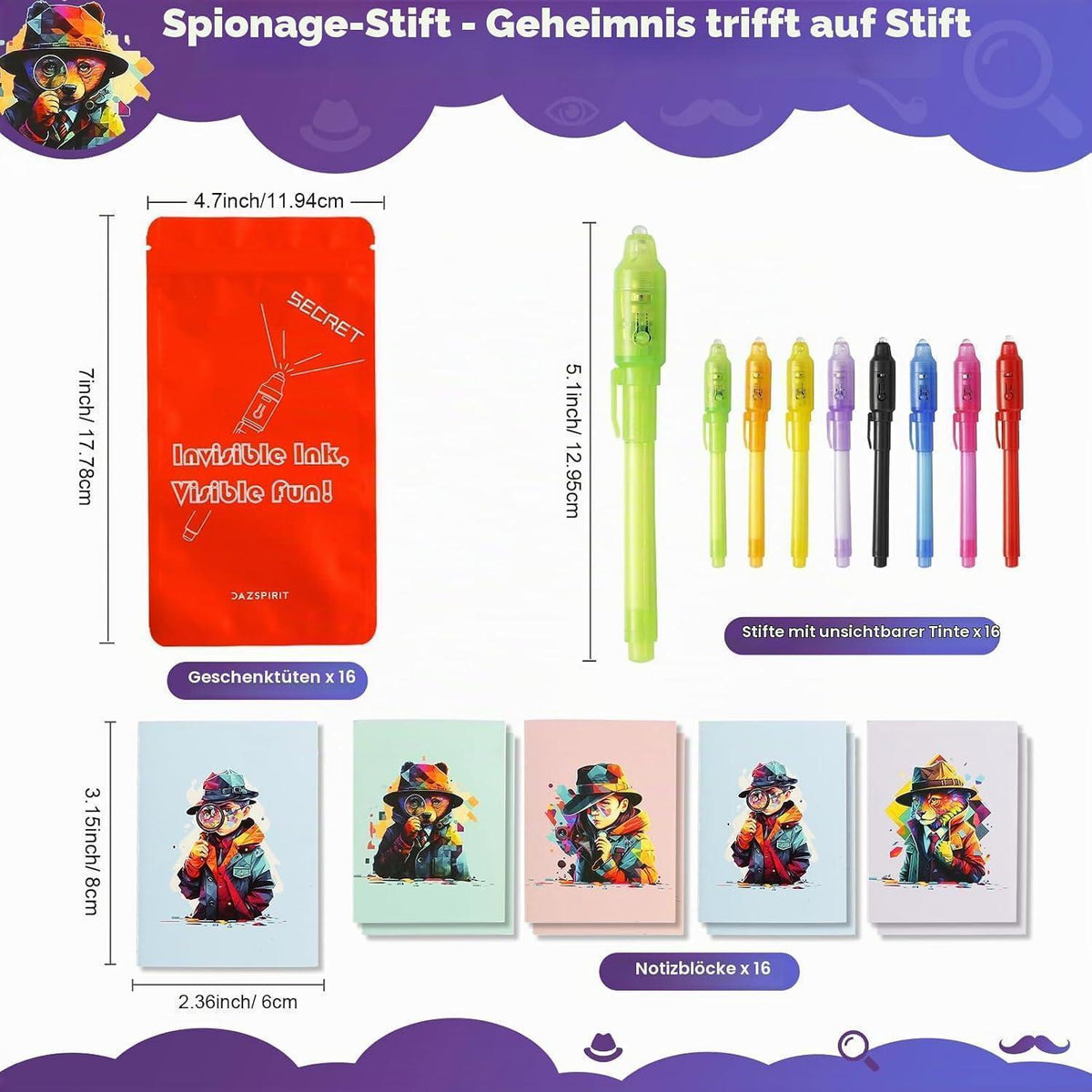 Geheimstift Set mit UV-Licht & Notizblöcken – 16er Pack